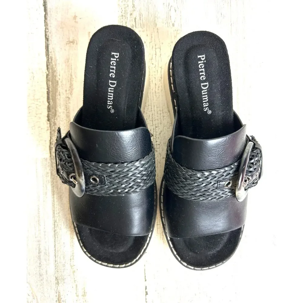 Pierre Dumas Womens 7 Black Leather Suede Buckle Platform Wedge Slip On Sandals